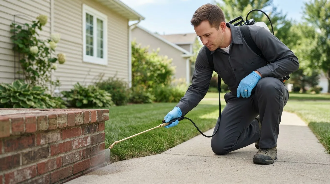 Pest control technician treating a home near Pleasanton, KS